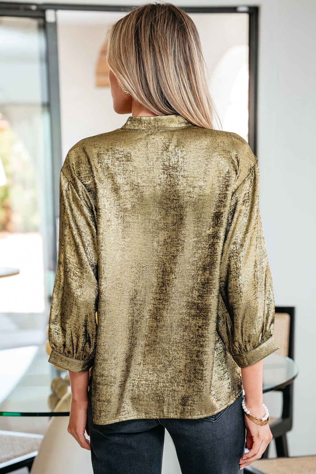 Gold Metallic Split Neck Half Sleeve Blouse