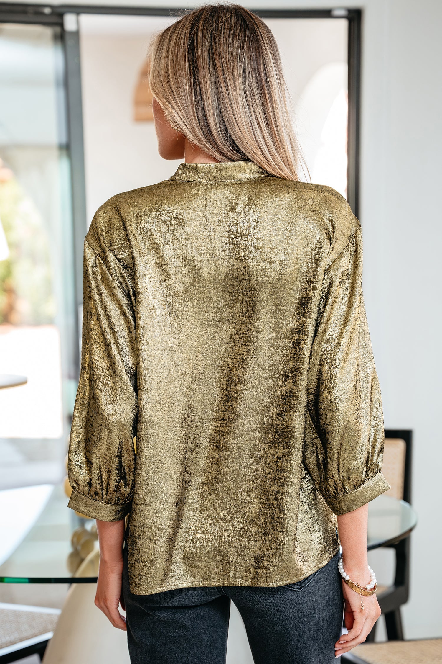 Gold Metallic Split Neck Half Sleeve Blouse