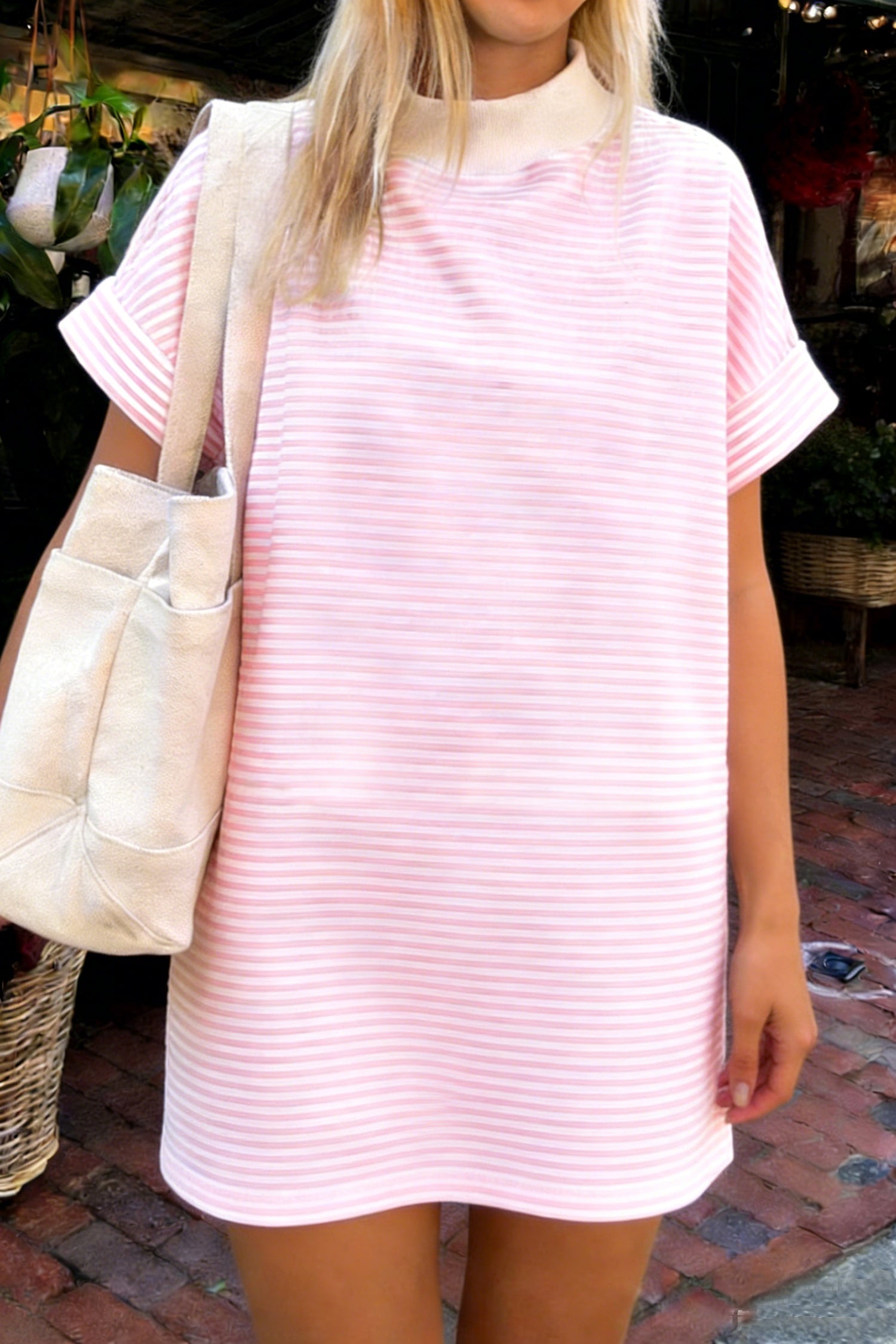 Pink Stripe Cuffed Short Sleeve Contrast Mock Neck Tee Dress