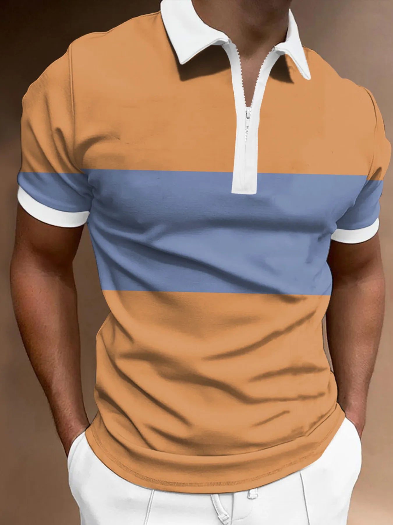 Men's Full Size Color Block Zipper Polo Shirt Plus Size