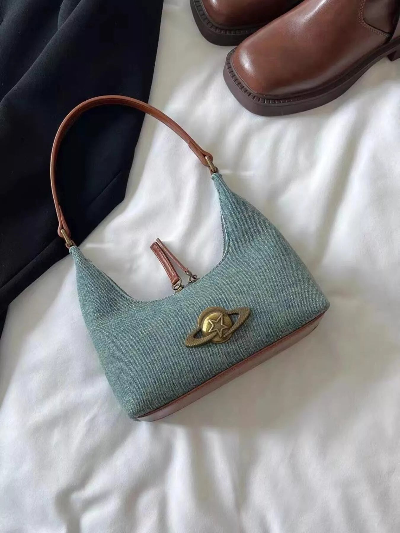 Denim Planet Decor Shoulder Bag