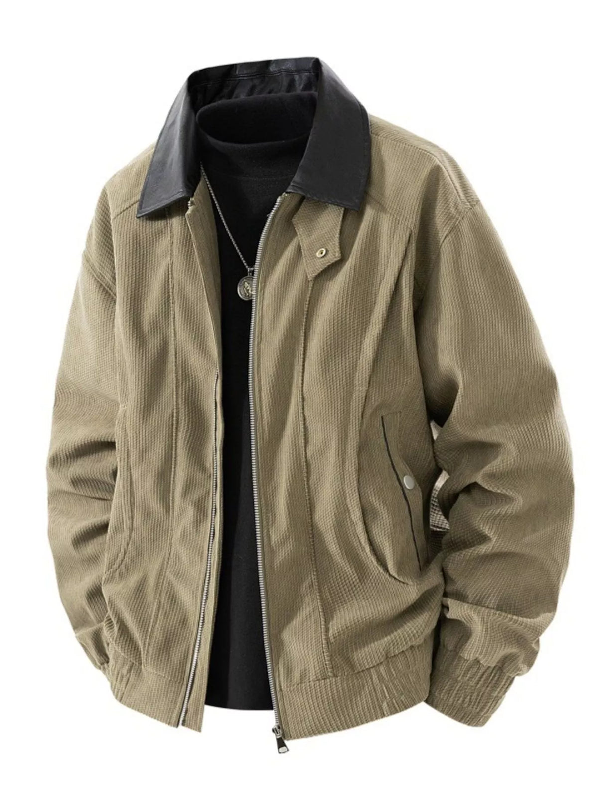Men's Plus Size Zip Up Corduroy Jacket with Leather Collar