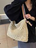 Woven Straw Shoulder Bag with Striped Handles