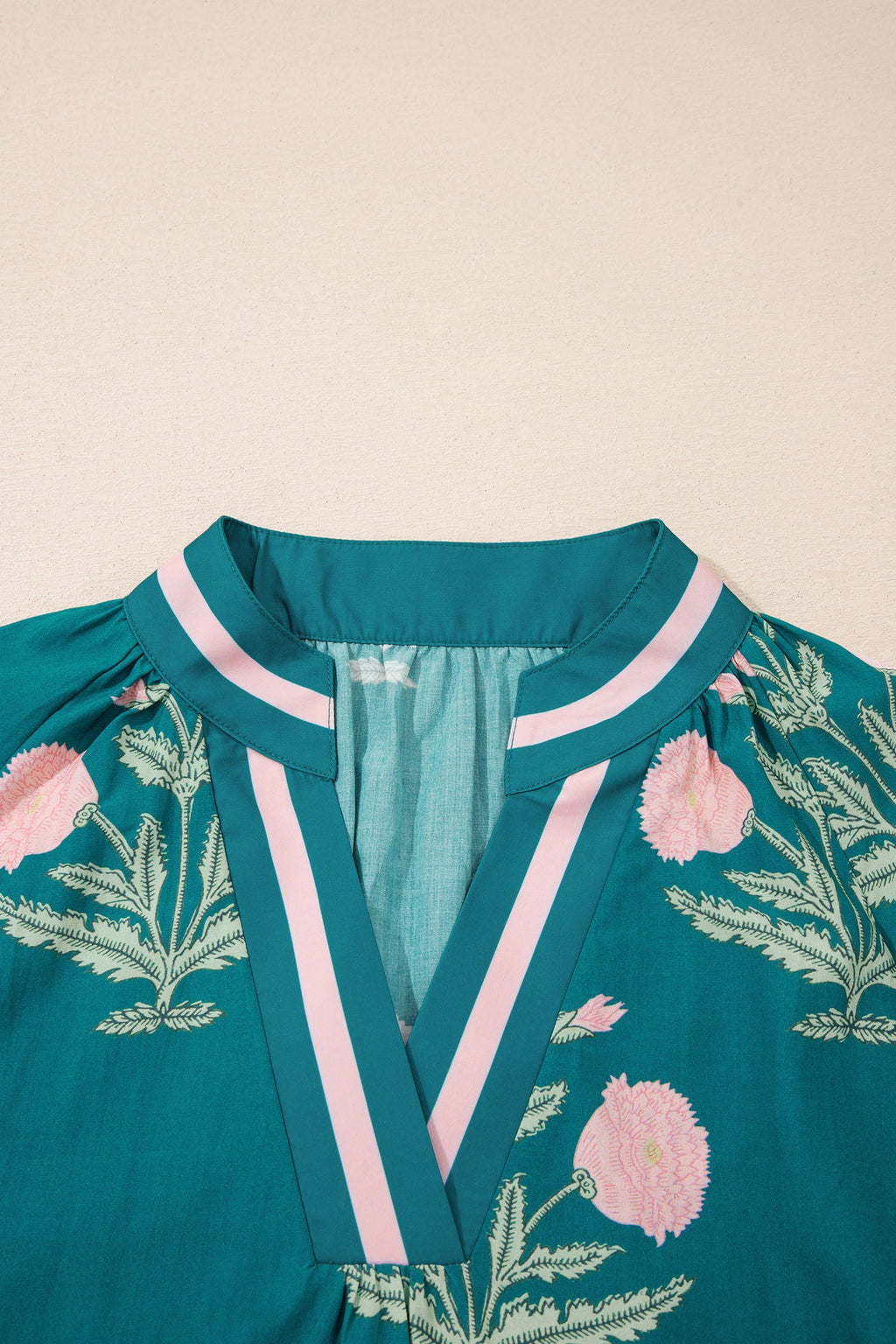 Green Casual Wild Flower Print V Neck 3/4 Sleeve Blouse