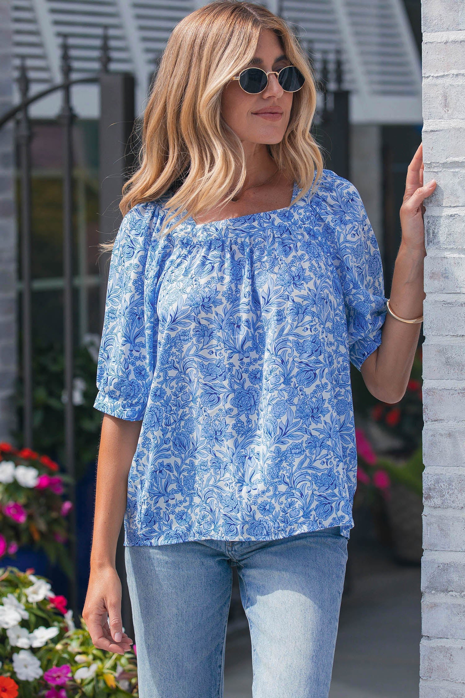 Sky Blue Square Neck Short Puff Sleeve Pleated Floral Blouse