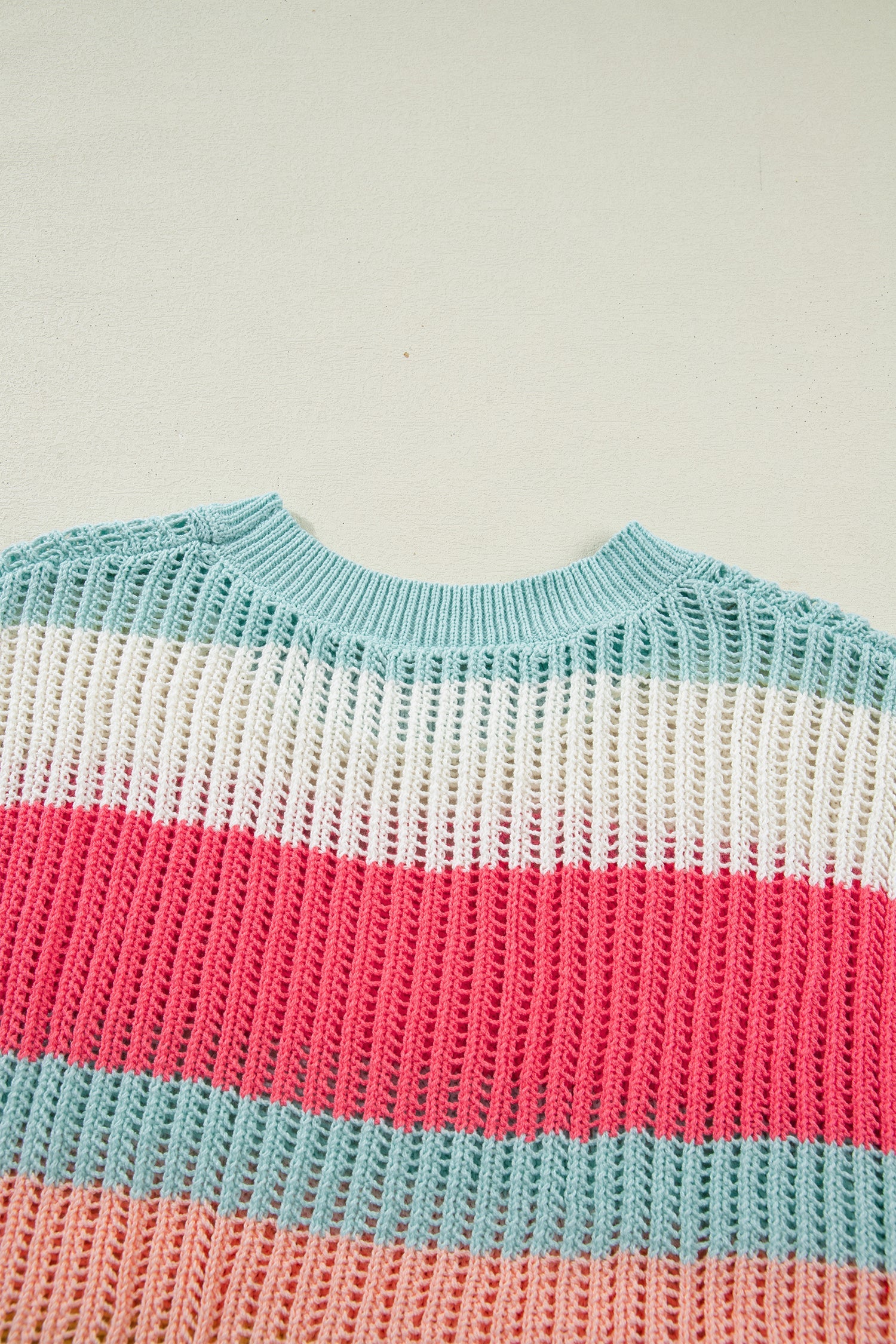 Green Stripe Color Block Hollow Out Knit Short Sleeve Sweater