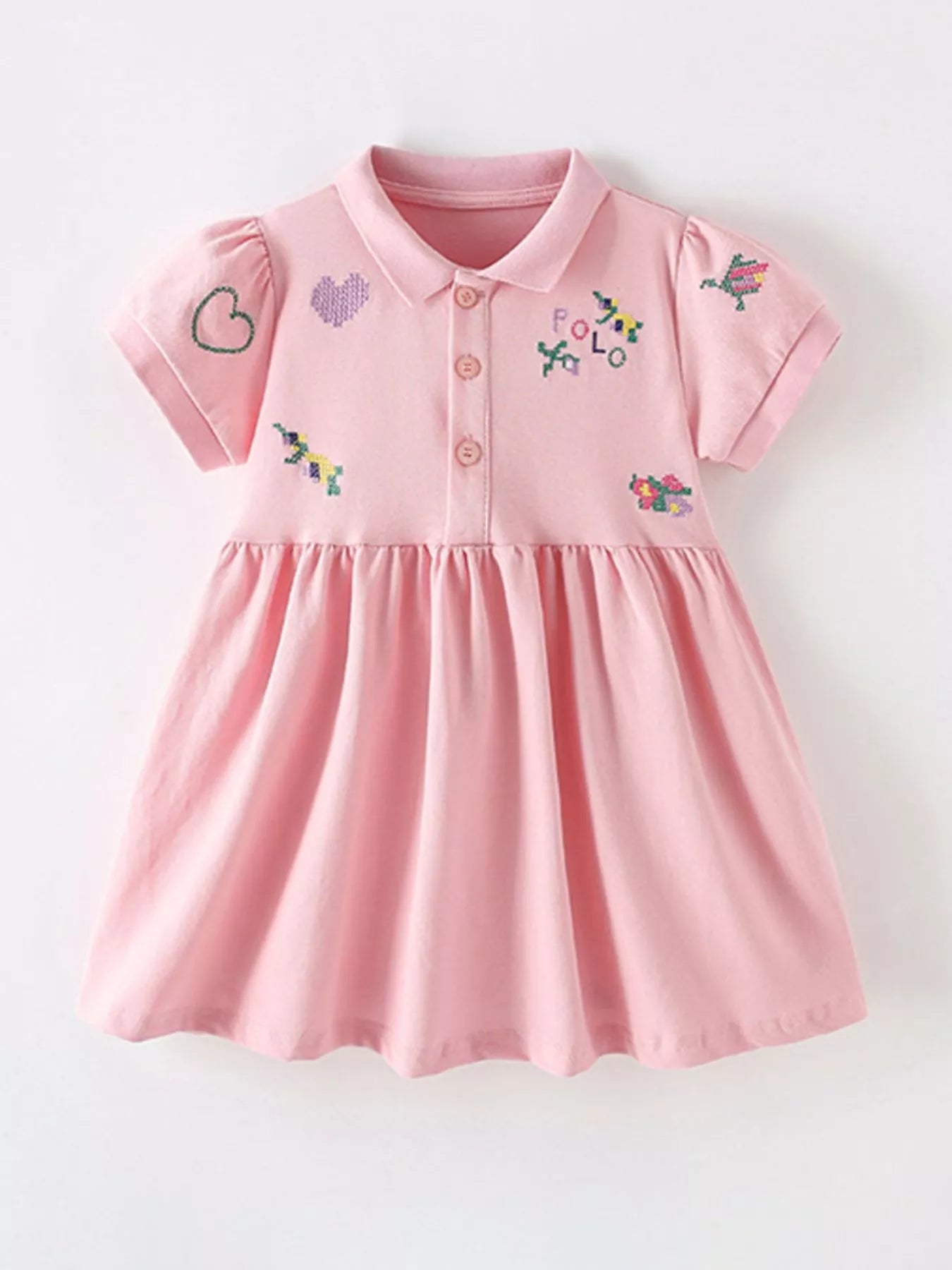 Children's Embroidered Polo Collar Short Sleeve Dress