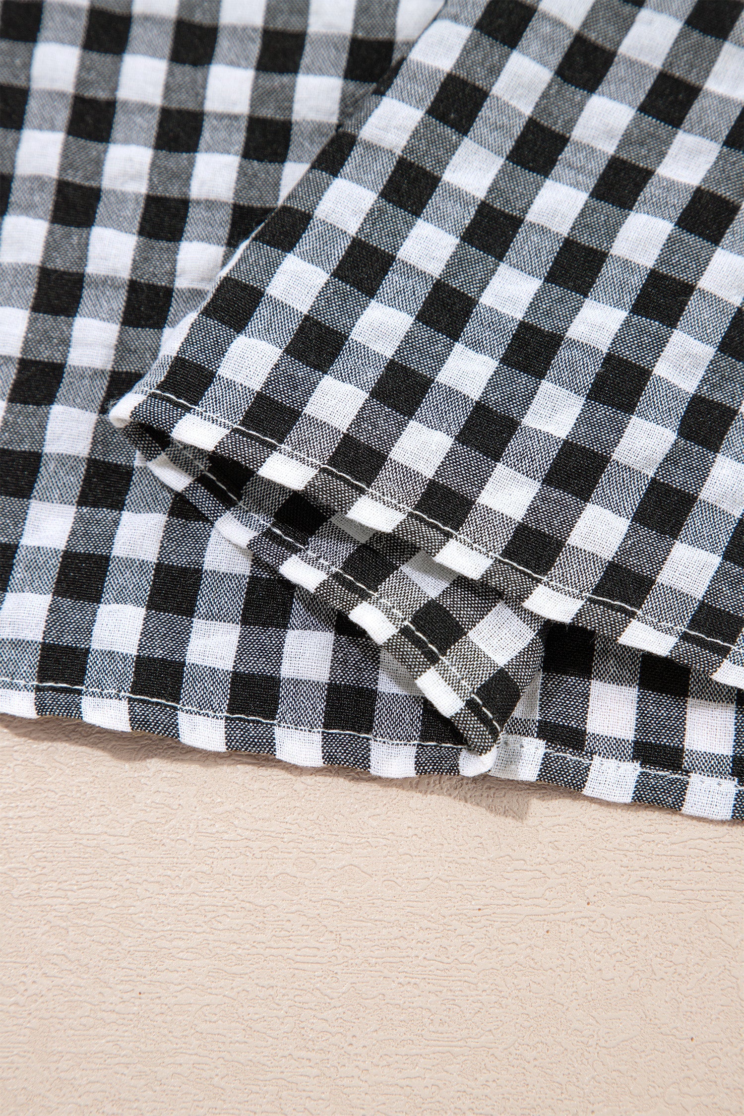 Black Plaid Short Puff Sleeve Frilled Neck Blouse
