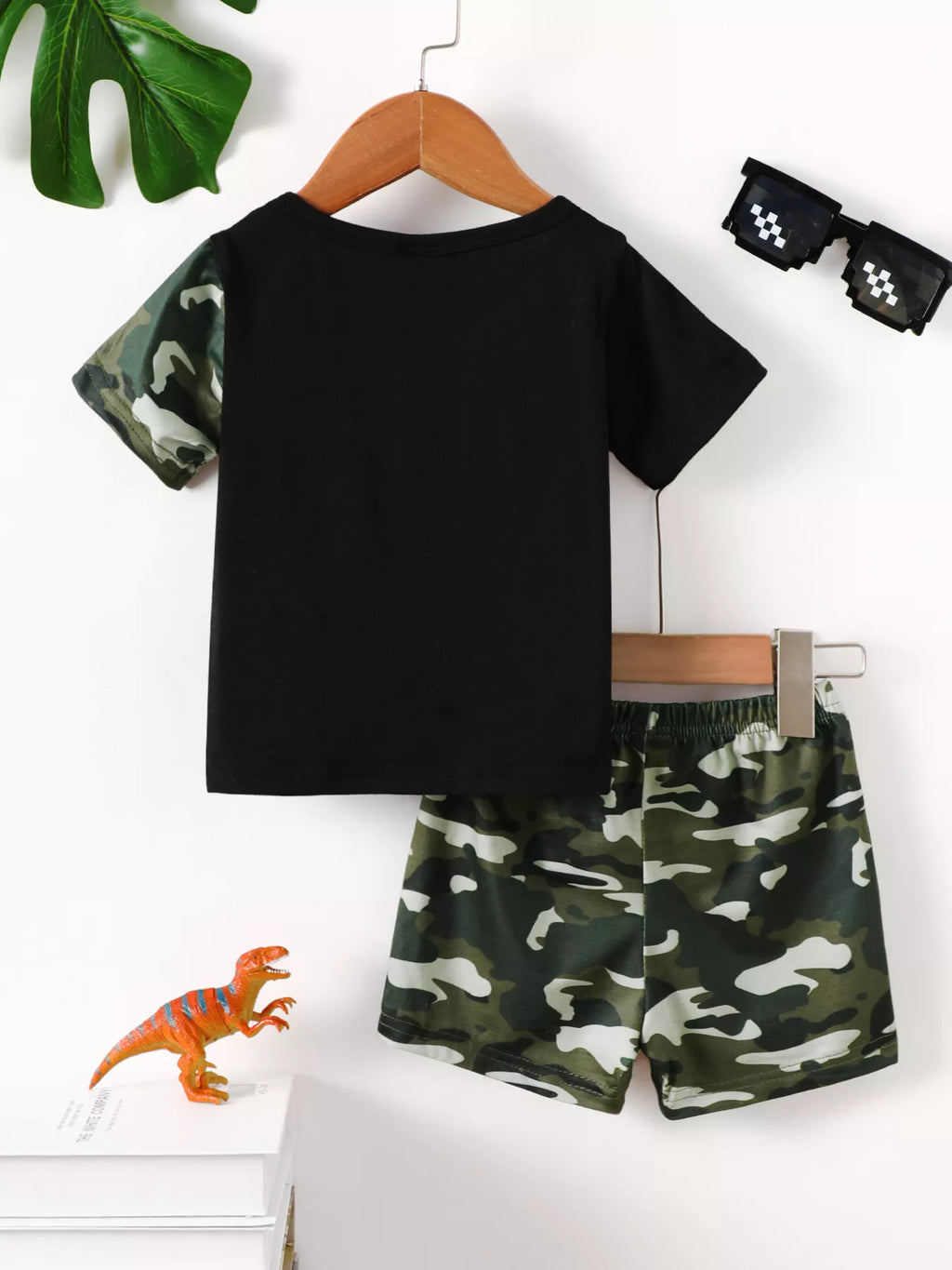 Children's Dinosaur Round Neck Tee and Camo Shorts Set