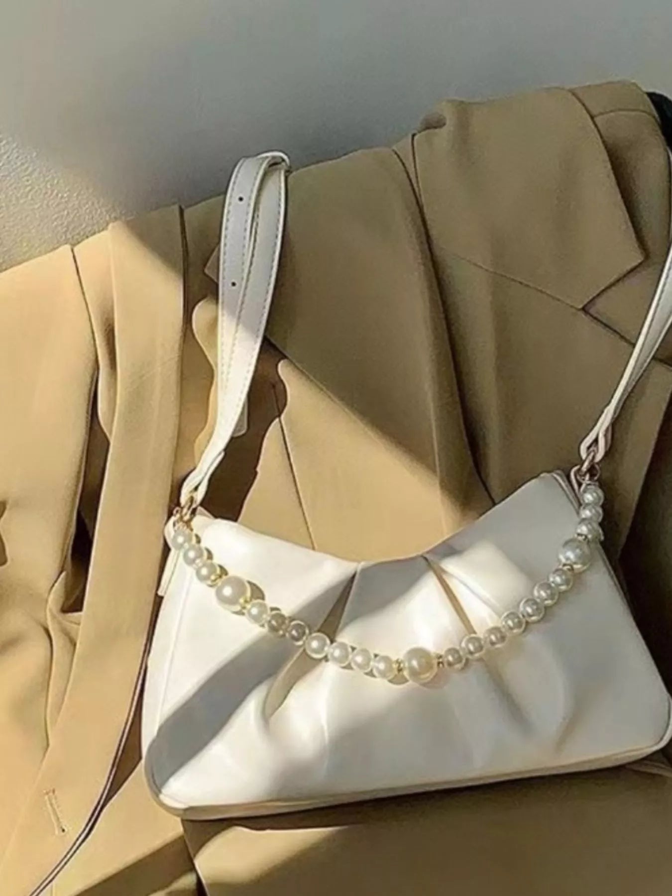 Pearl Embellished Ruched Shoulder Bag
