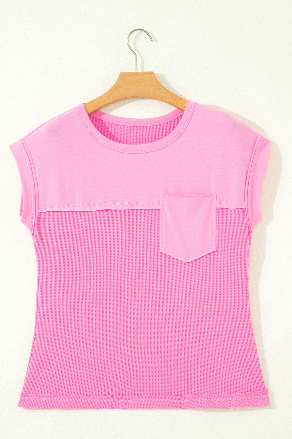 Pink Solid Color Raw Seam Waffled Patchwork Casual T Shirt