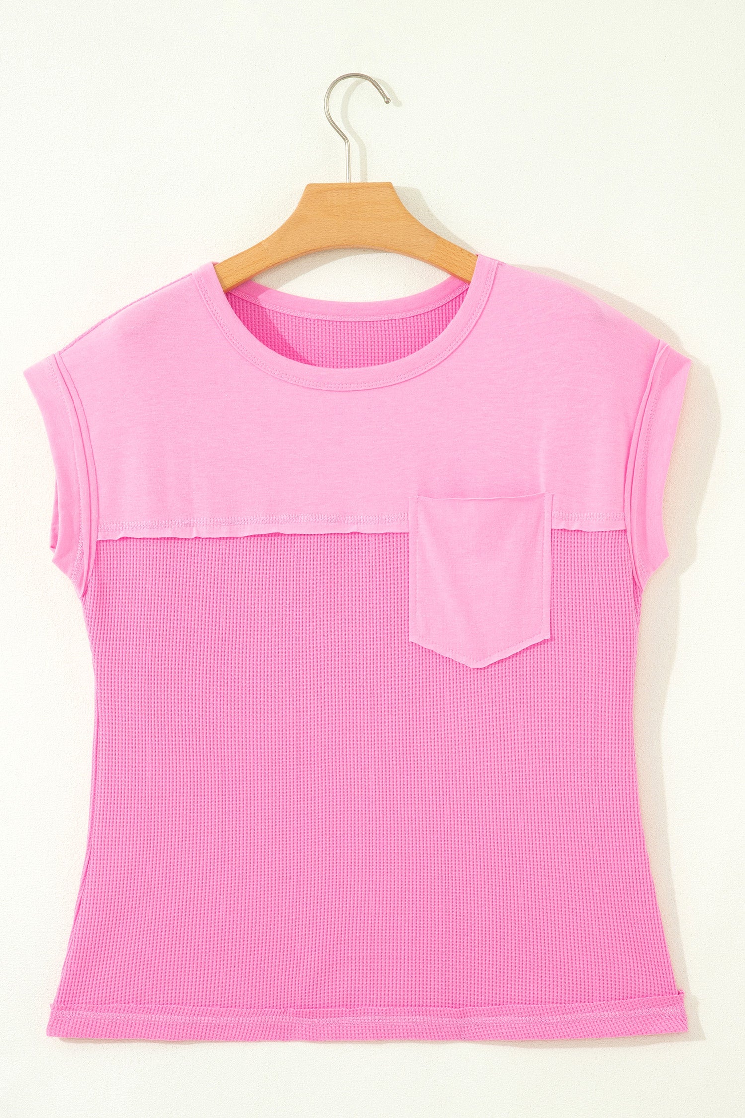 Pink Solid Color Raw Seam Waffled Patchwork Casual T Shirt