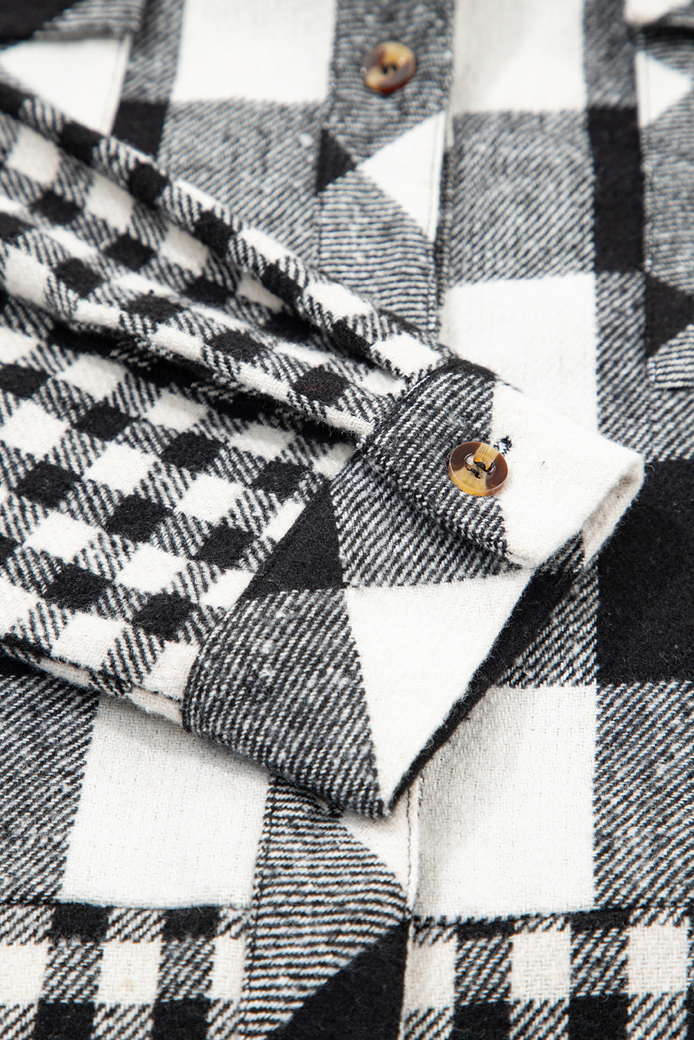 Black Double Plaid Patchwork Drawstring Hooded Shacket