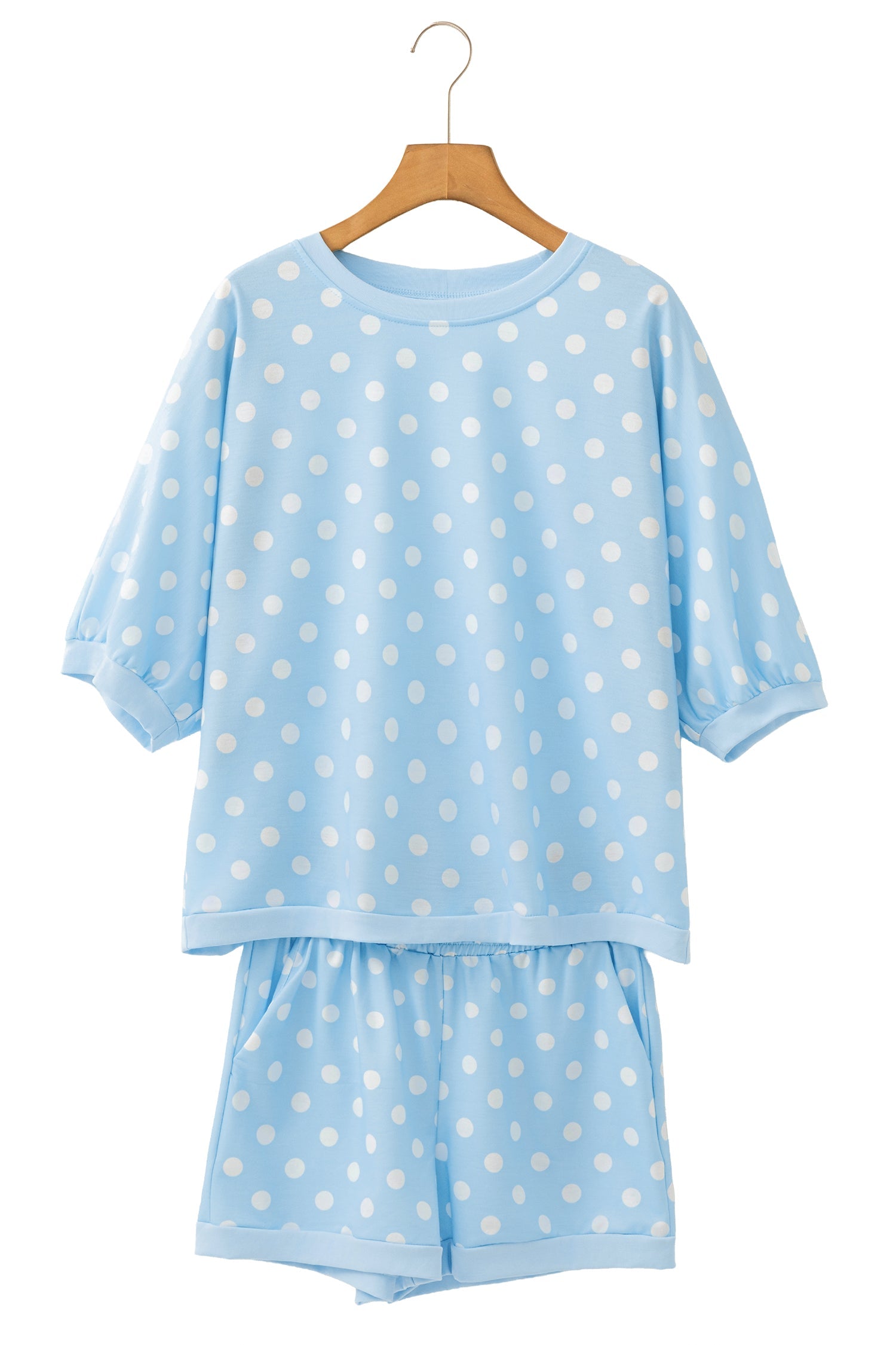Sky Blue Polka Dot Oversized Top Drawstring Short Set