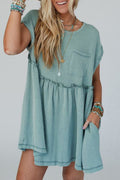 Canton Corded Knit Textured Patched Pocket Frilled Swing Mini Dress with Pockets