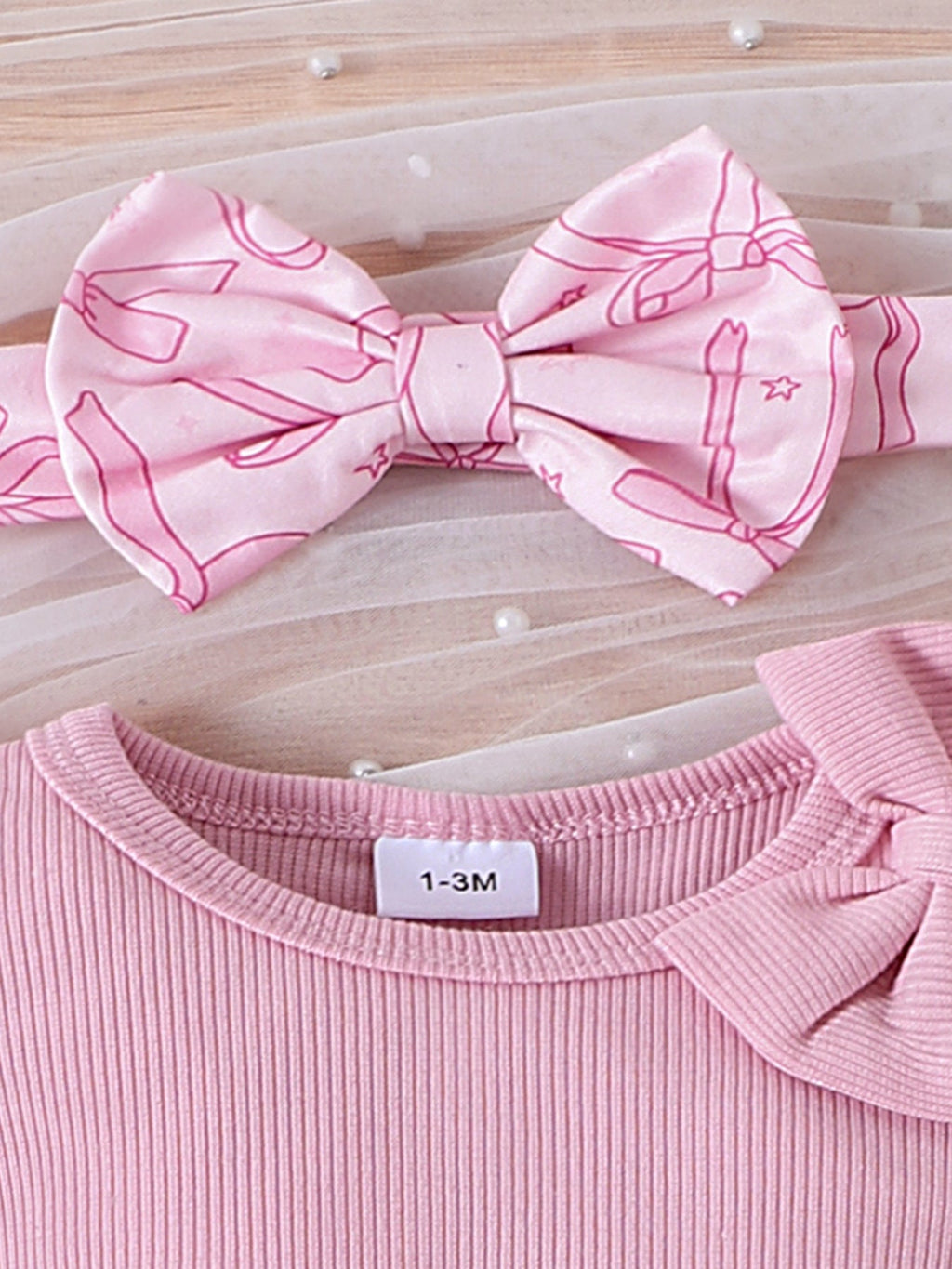 Children's Bowknot Ruffle Trim Bodysuit & Skort & Headband Set