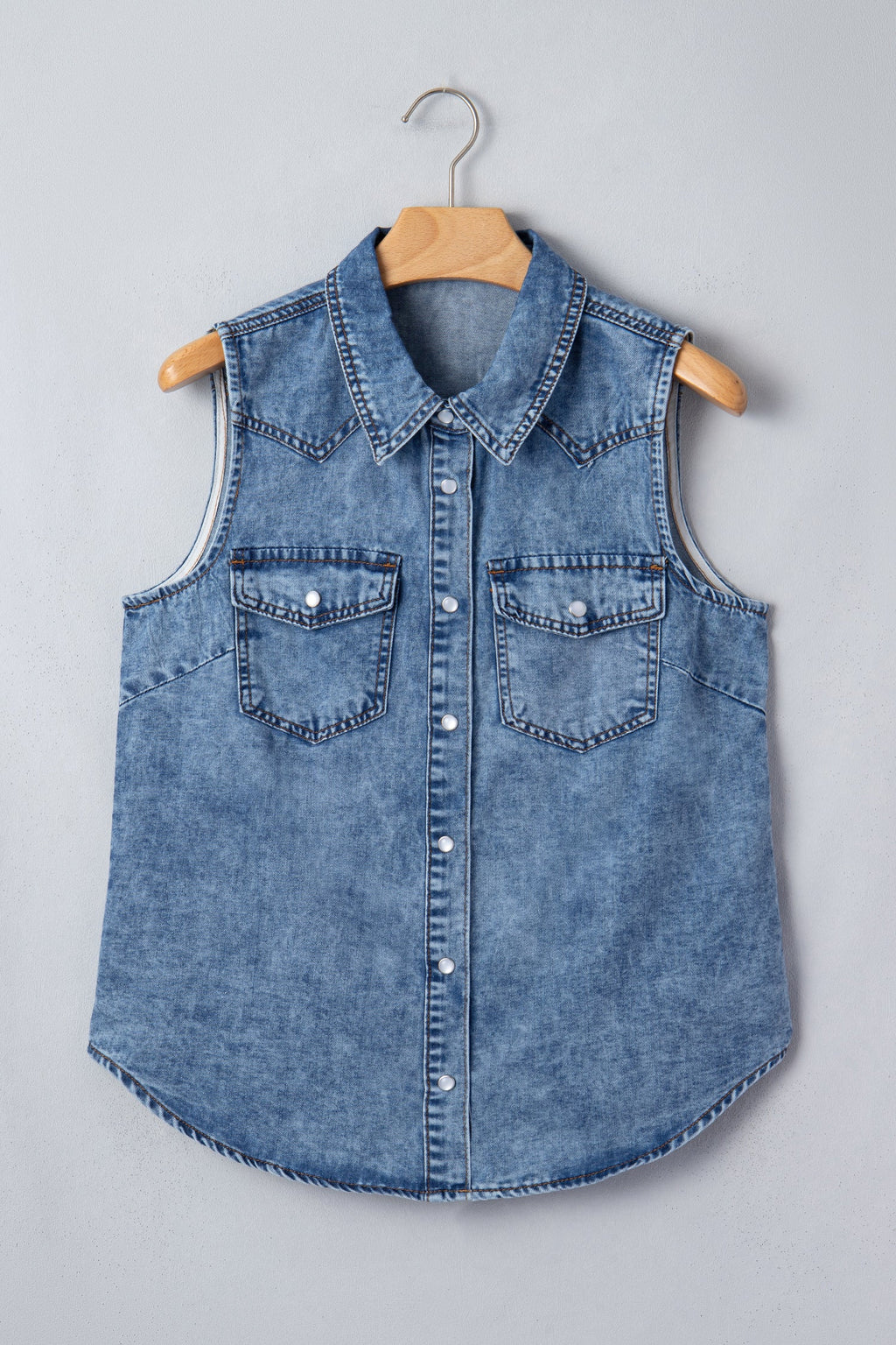 Dusk Blue Buttoned Front Collared Sleeveless Denim Vest