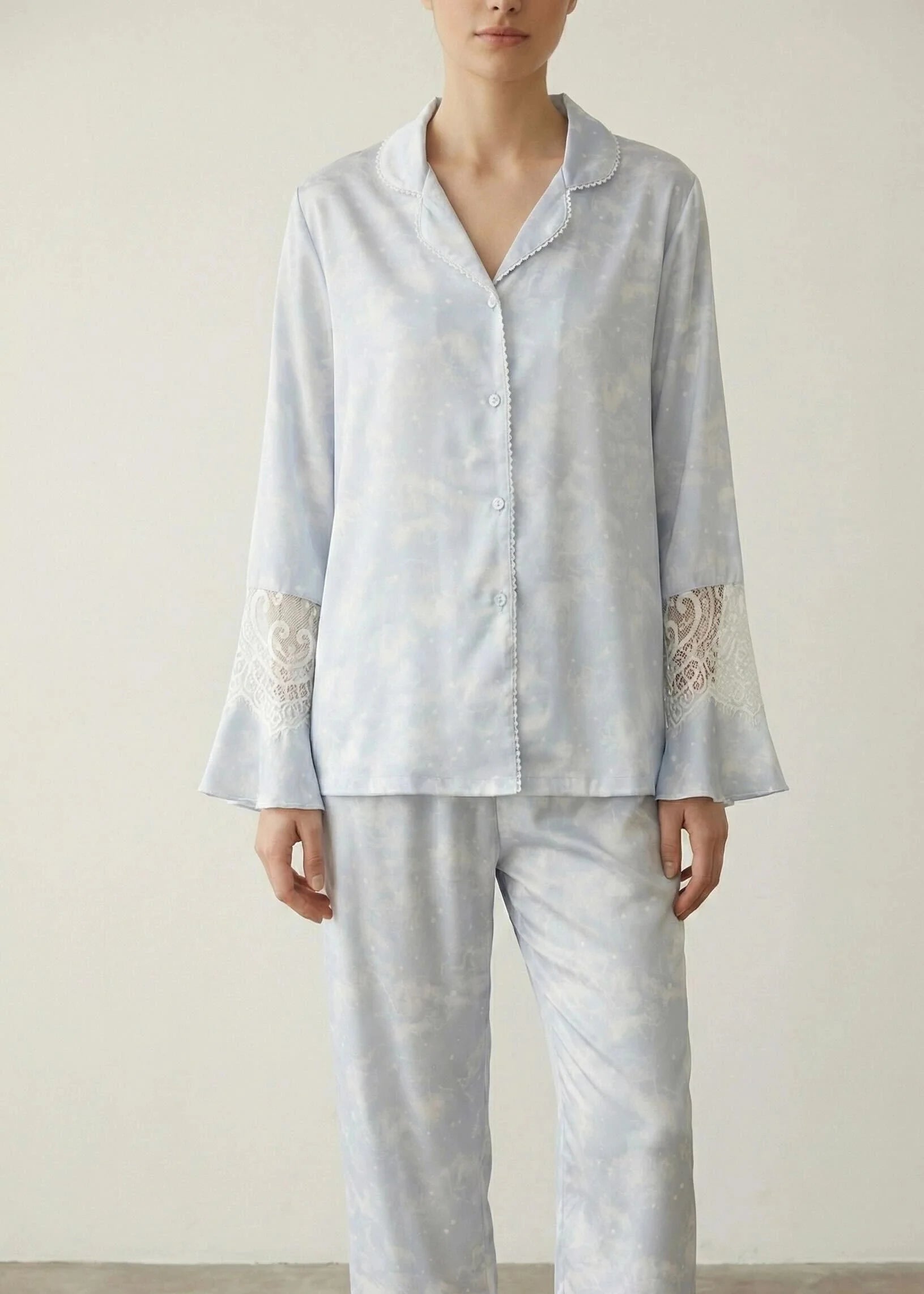Celeste Silky Luxury Lace Pajama Set / Blue