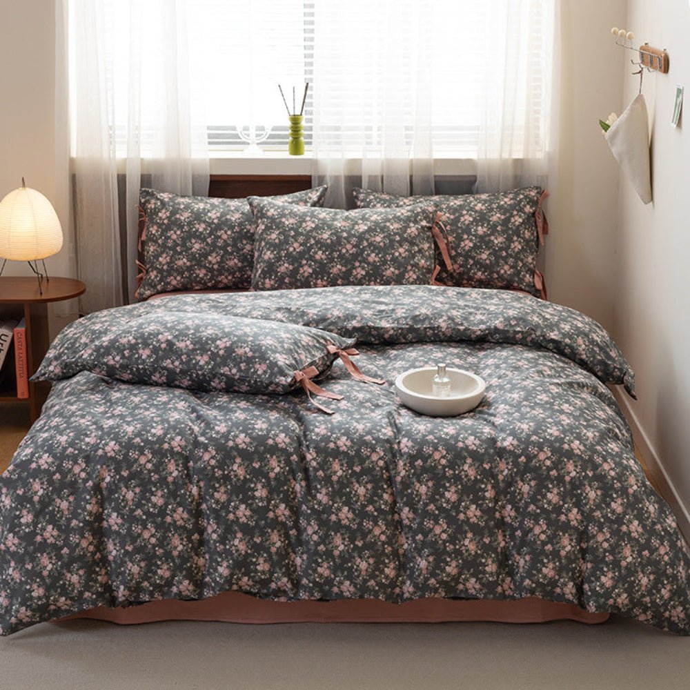 Celia Cottage Ribbon Bow Tie Floral Bedding Set / Pink