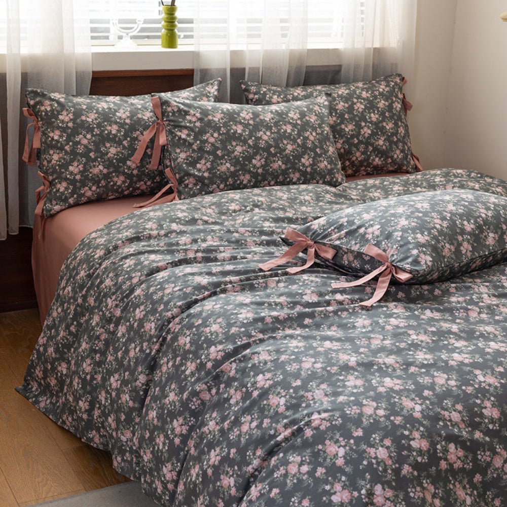 Celia Cottage Ribbon Bow Tie Floral Bedding Set / Pink