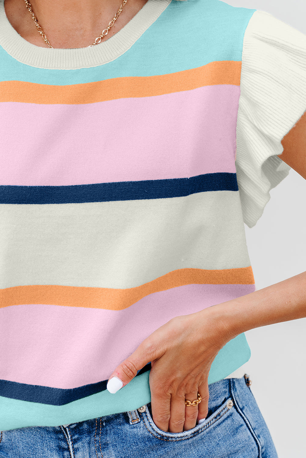 Multicolour Striped Color Block Flutter Sleeve Patchwork Sweater Top
