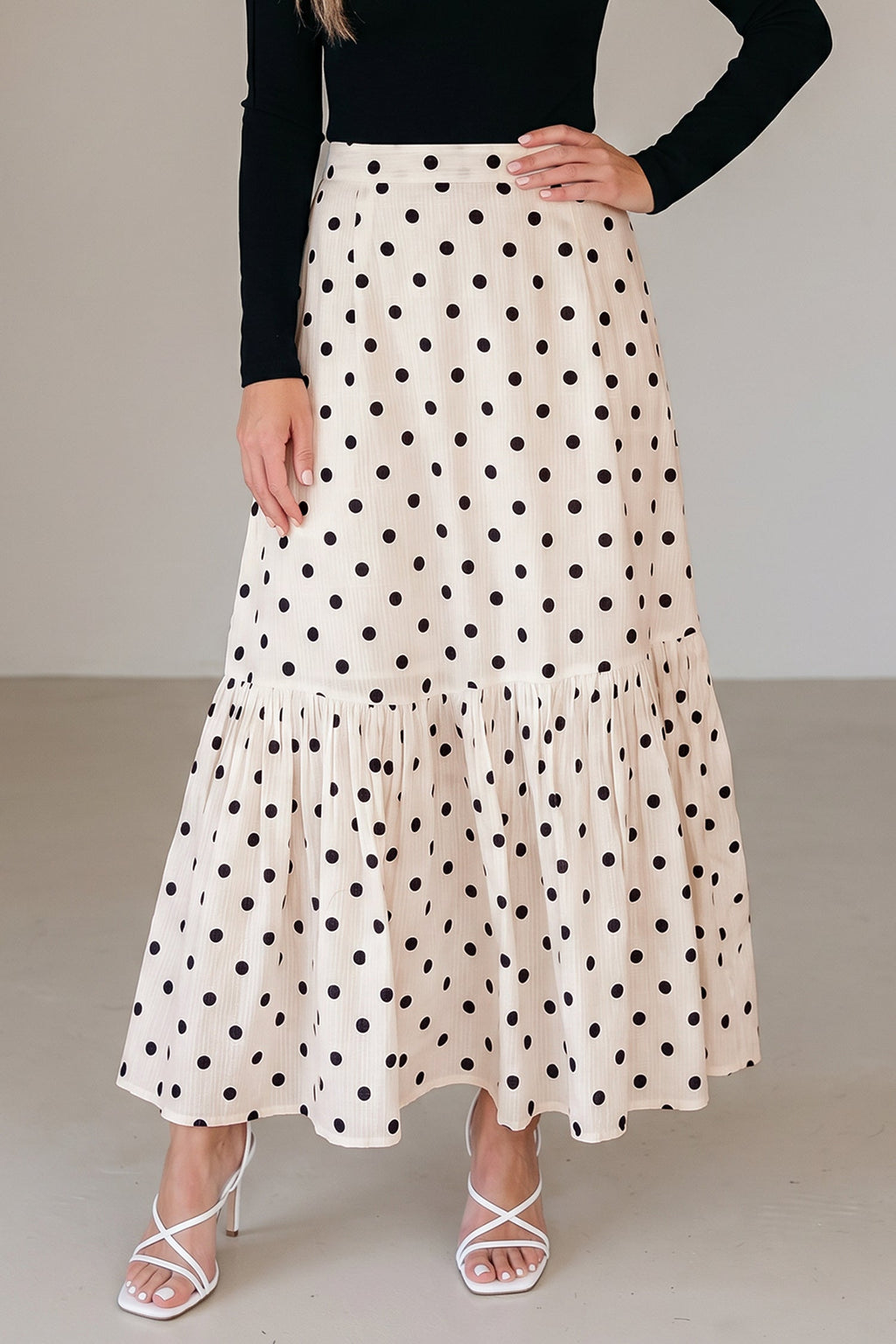 White Polka Dot Ruffled Slit Maxi Skirt
