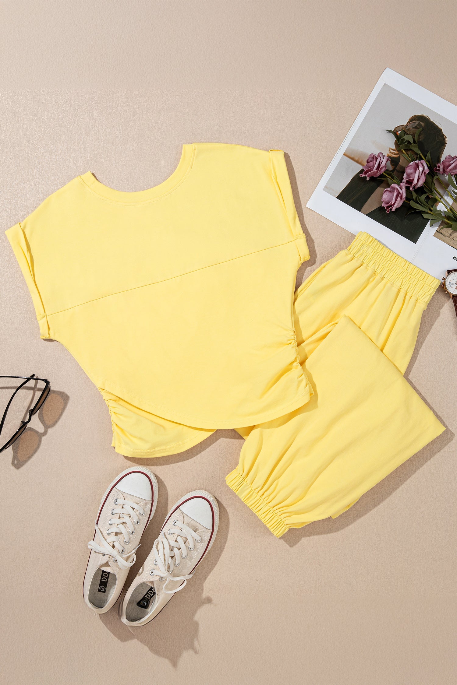 Yellow Cream Solid Color Cropped Tank Top and Jogger Pants Set