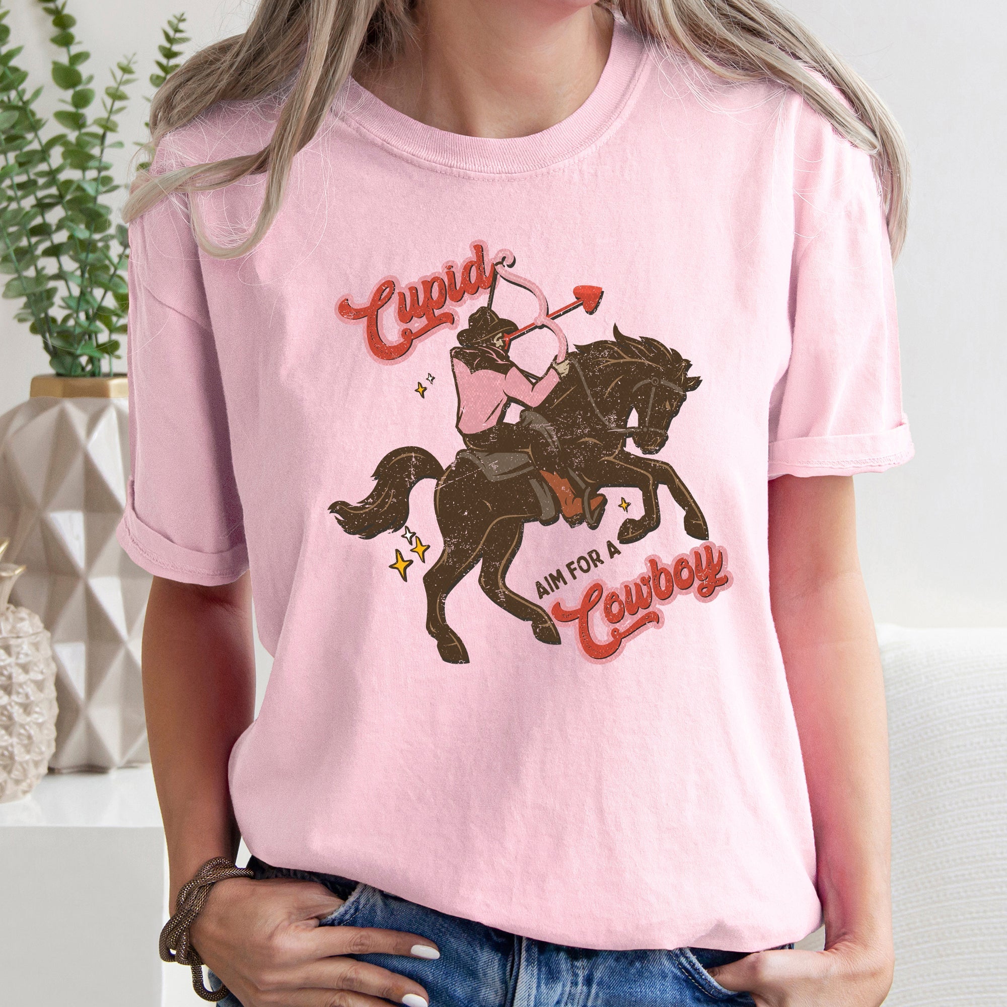 Cupid Aim For A Cowboy Valentine Western Country Vintage Western Art Comfort Colors Tee