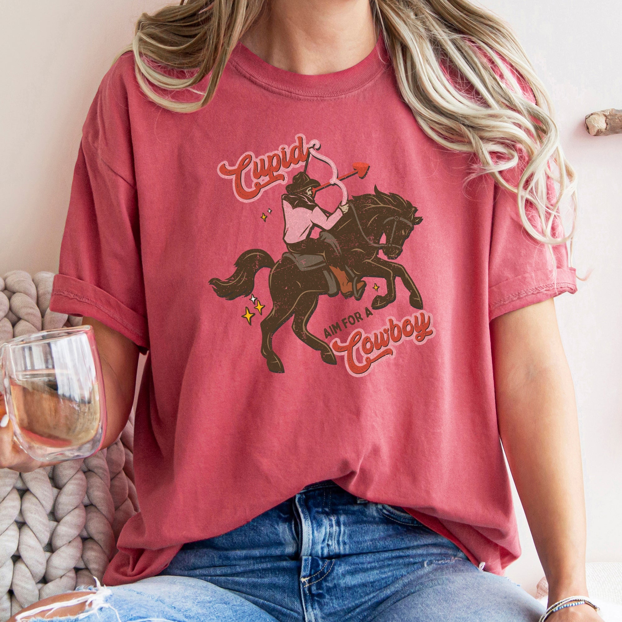 Cupid Aim For A Cowboy Valentine Western Country Vintage Western Art Comfort Colors Tee