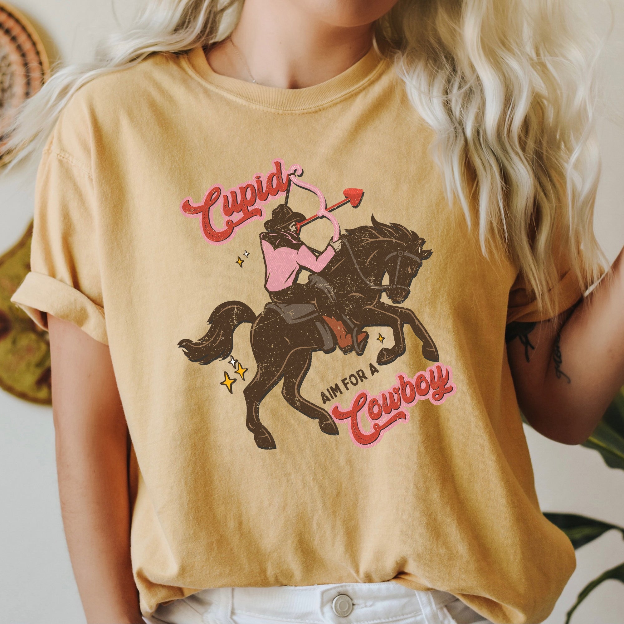Cupid Aim For A Cowboy Valentine Western Country Vintage Western Art Comfort Colors Tee