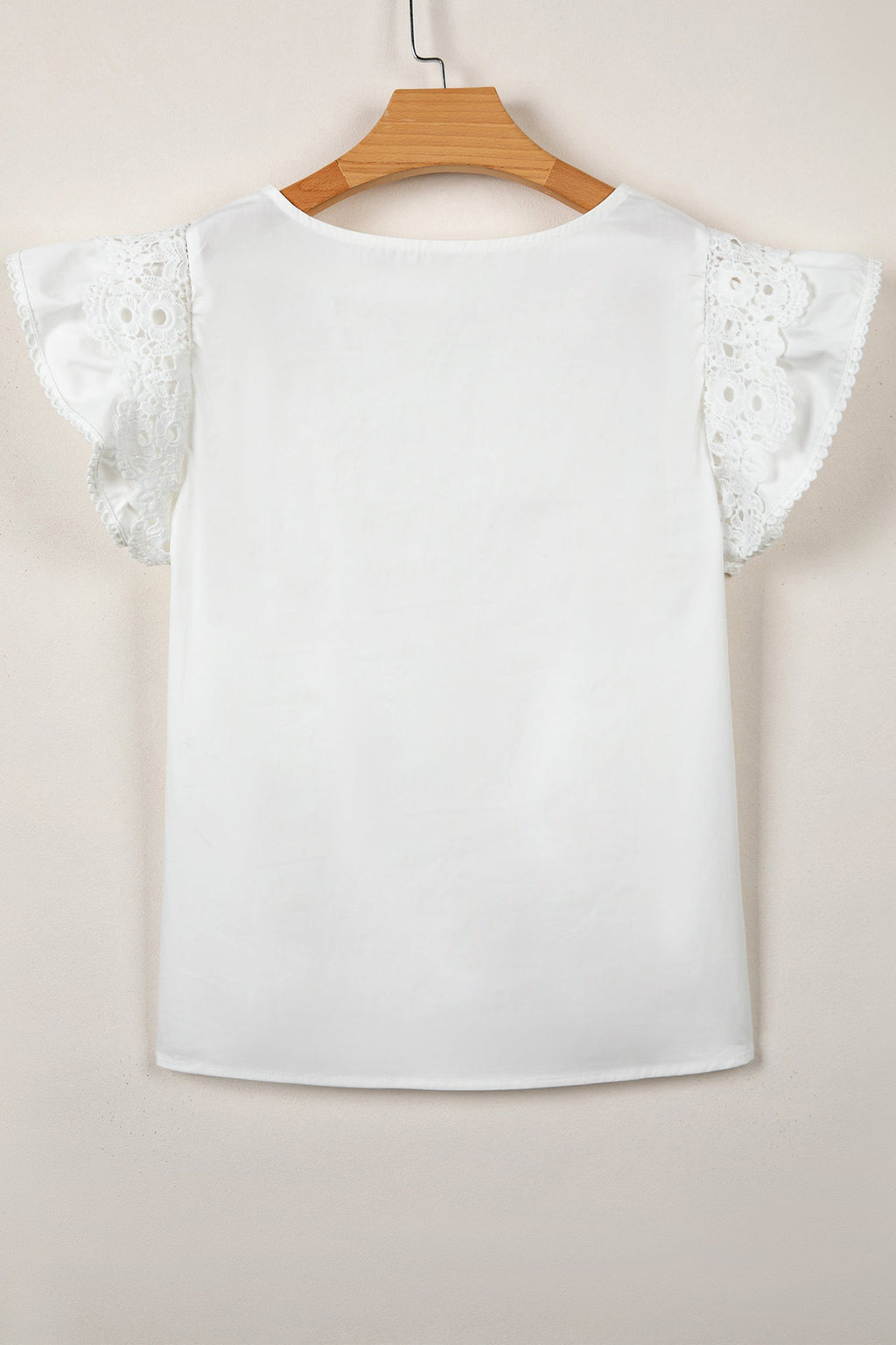 White Lace Detail Flutter Sleeve Pleated Round Neck Blouse