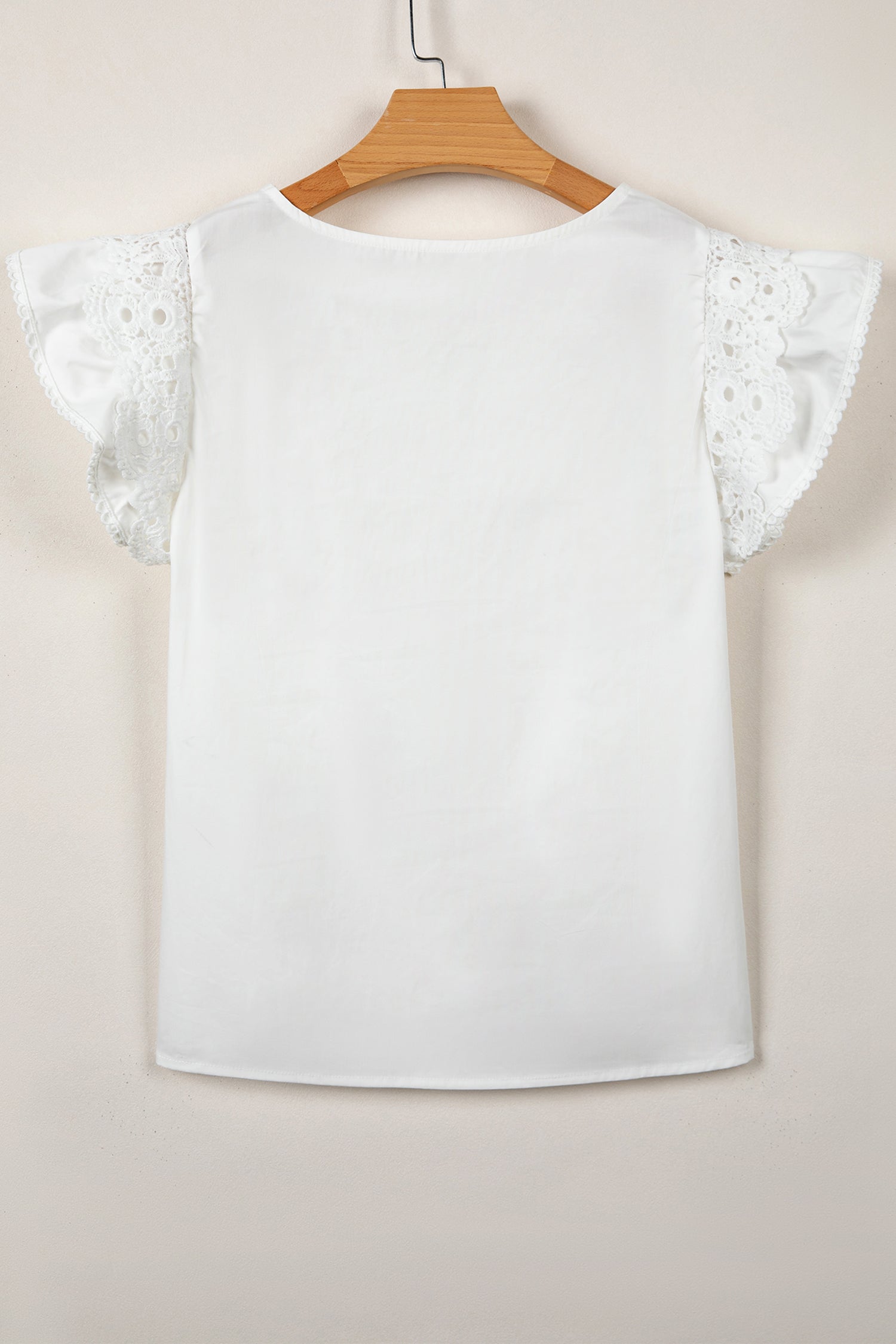 White Lace Detail Flutter Sleeve Pleated Round Neck Blouse
