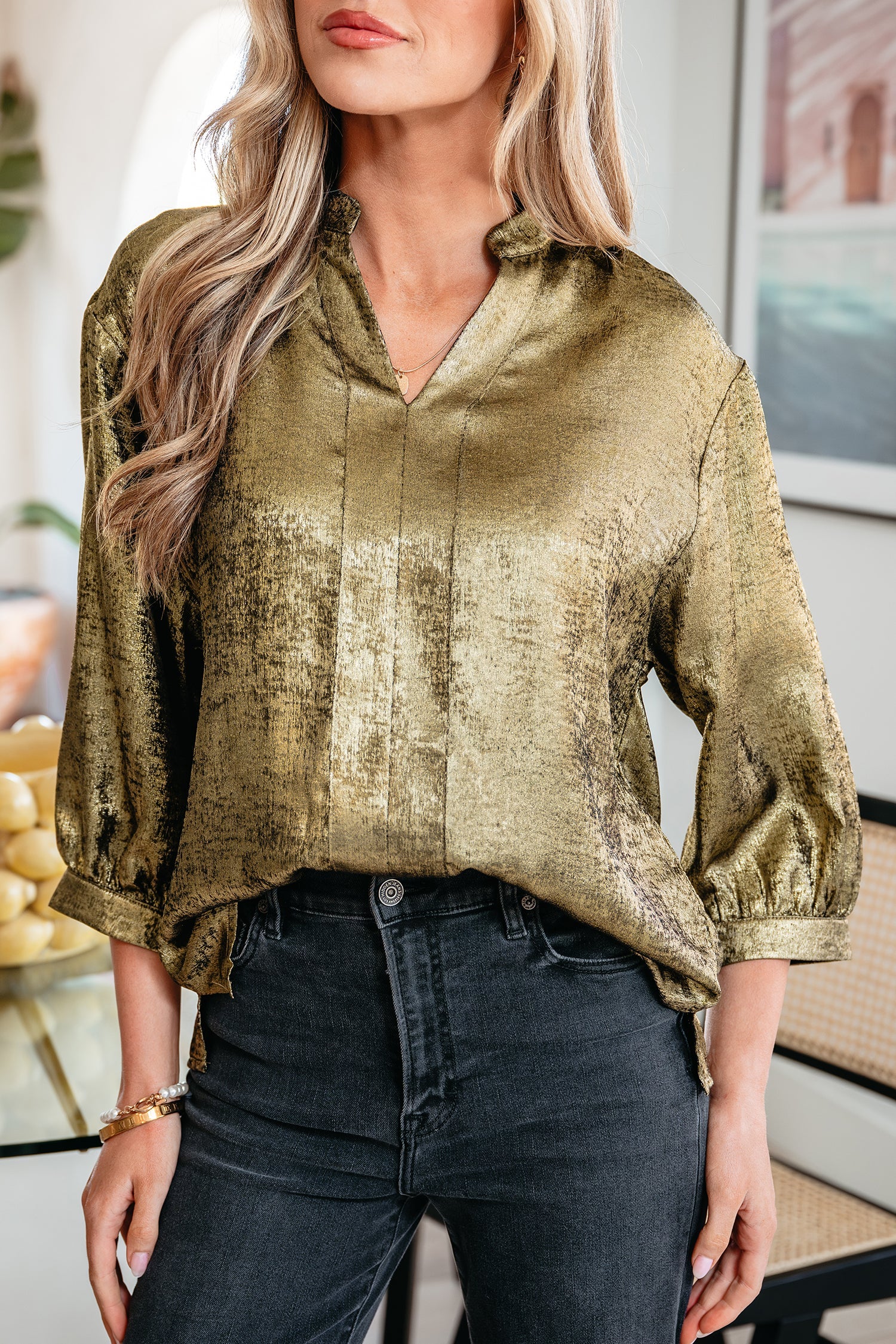 Gold Metallic Split Neck Half Sleeve Blouse