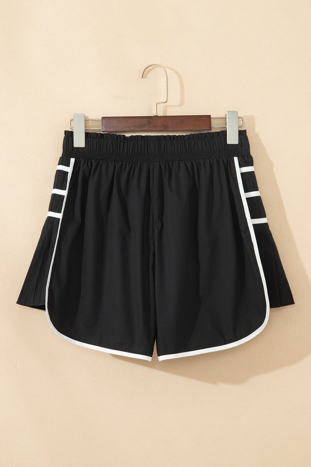 Black Contrast Trim Pleated Casual Active Shorts