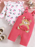 Children's Floral Print Ruffle Trim Bodysuit & Bear Applique Overalls Set