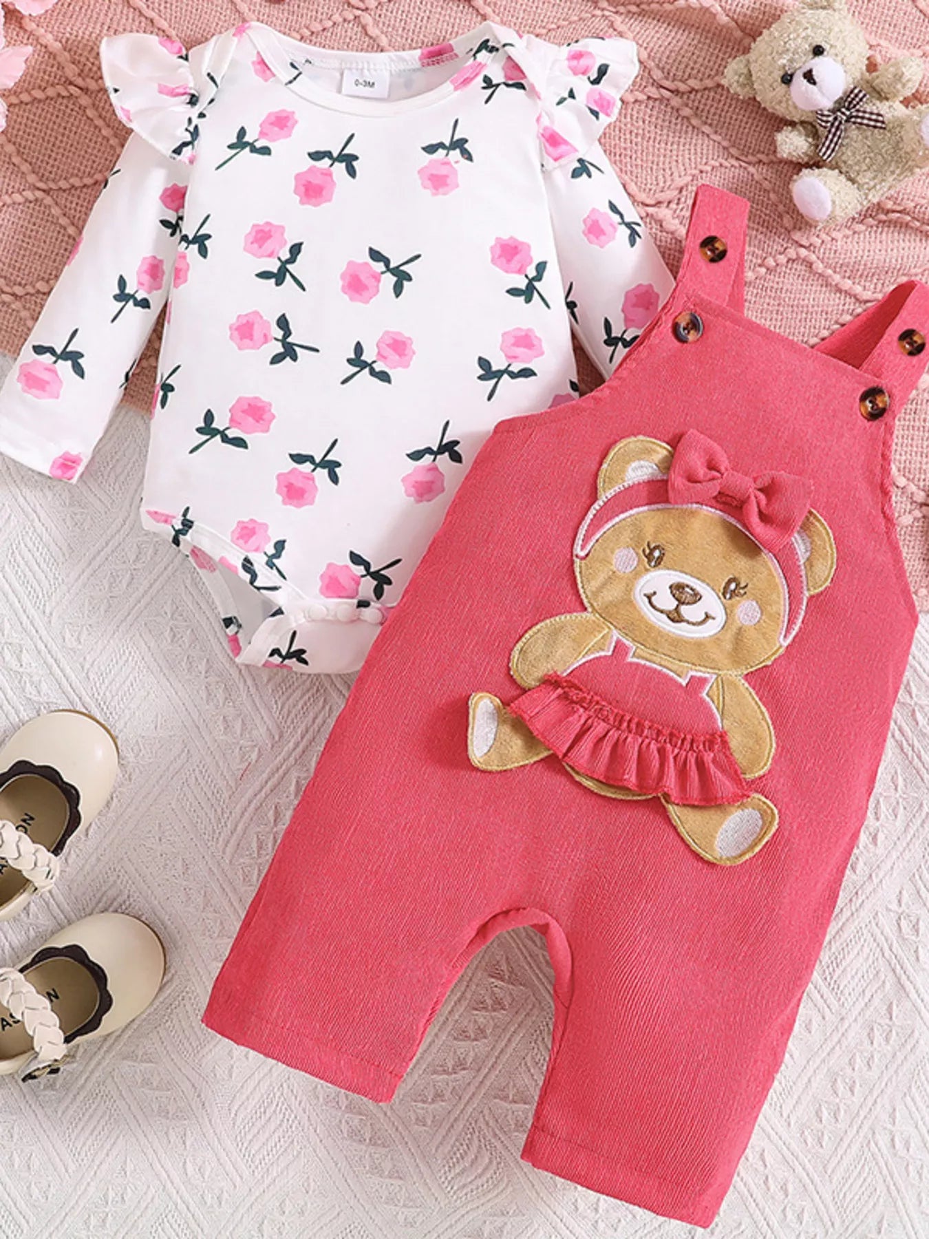 Children's Floral Print Ruffle Trim Bodysuit & Bear Applique Overalls Set