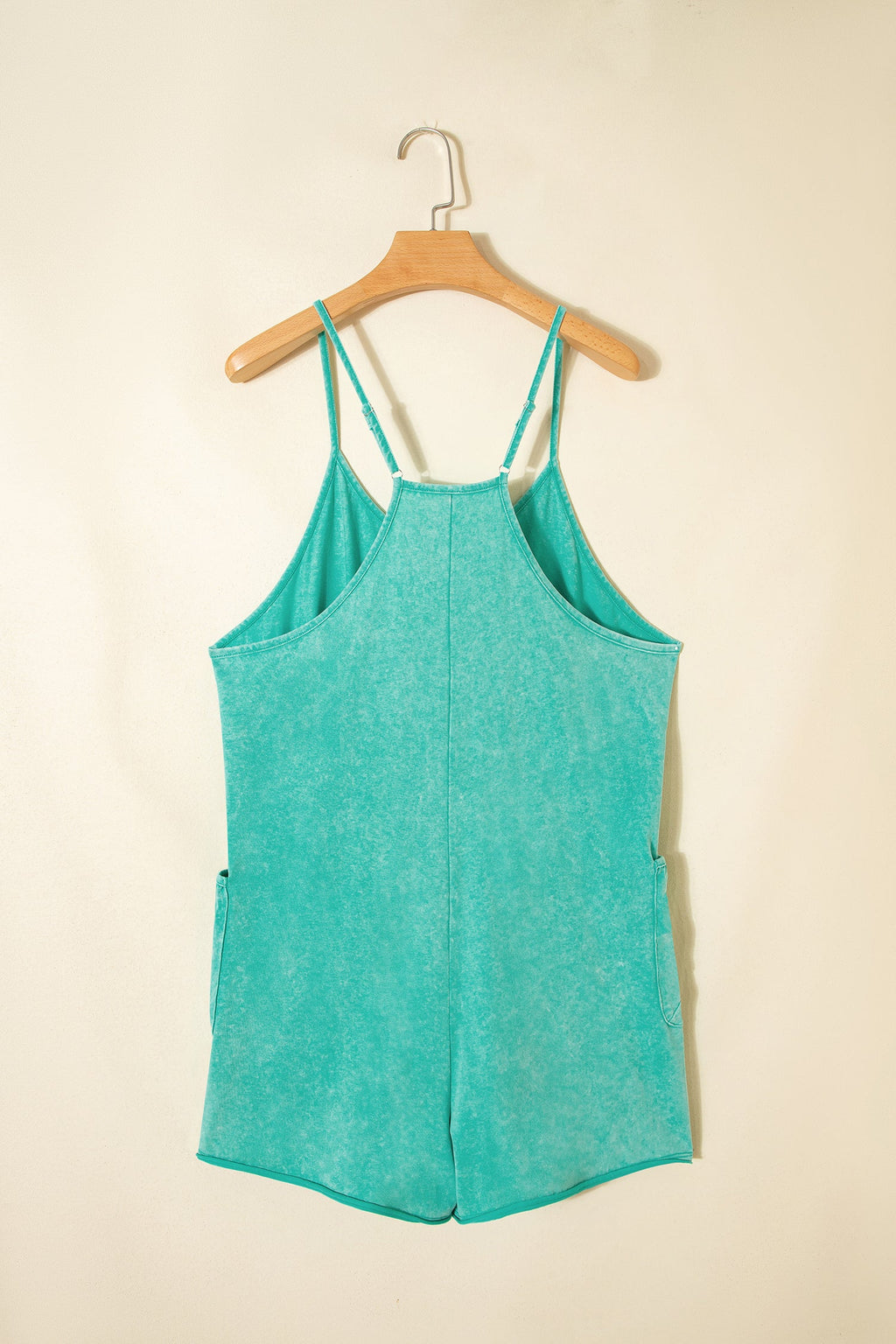 Mint Green Mineral Wash Spaghetti Straps Pocketed Romper