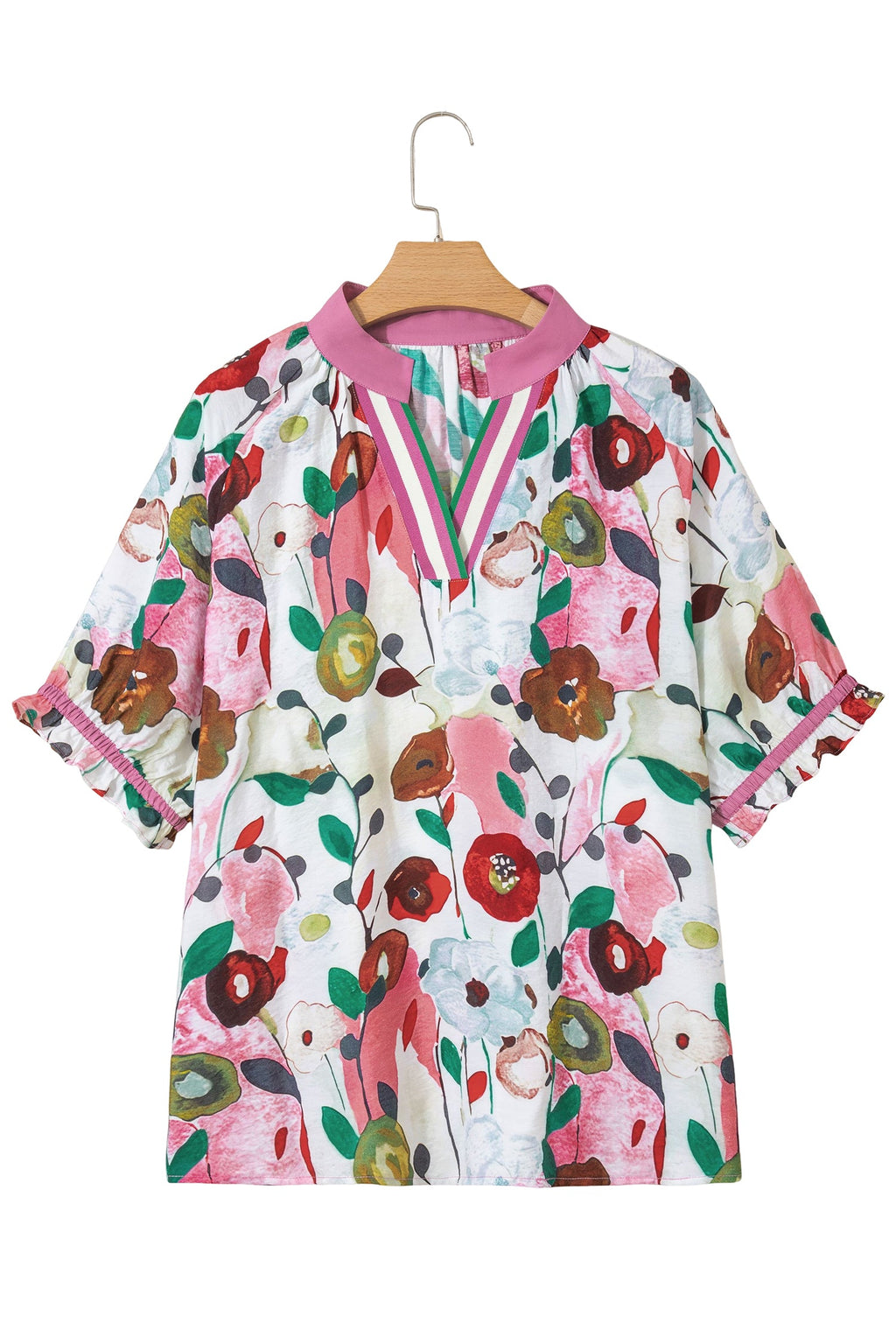Pink V Neck Short Puff Sleeve Plus Size Floral Blouse