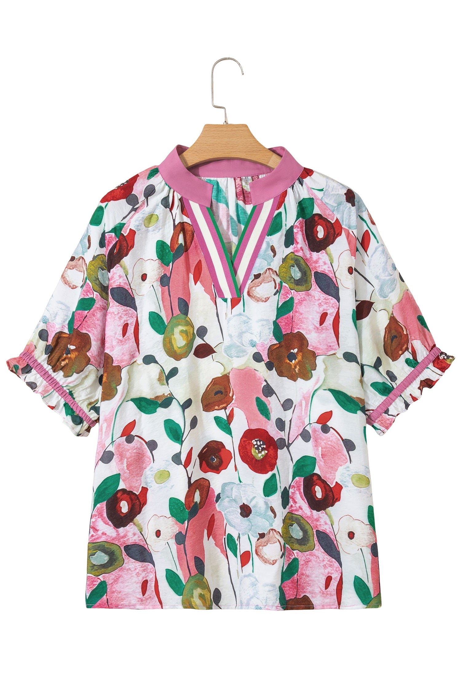 Pink V Neck Short Puff Sleeve Plus Size Floral Blouse