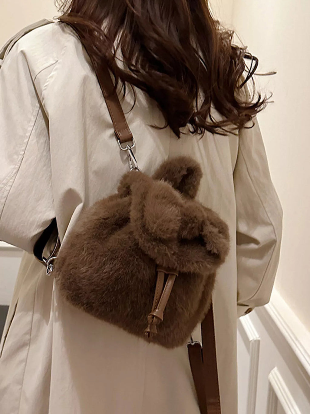 Fuzzy Plush Drawstring Backpack Bag
