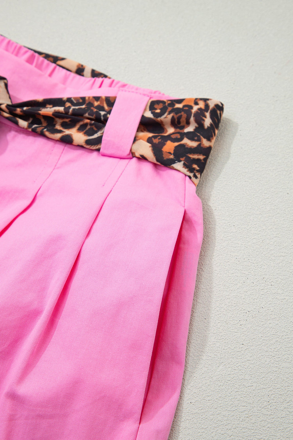 Bright Pink Leopard Contrast Sash Belt Pleated Wide Leg Shorts
