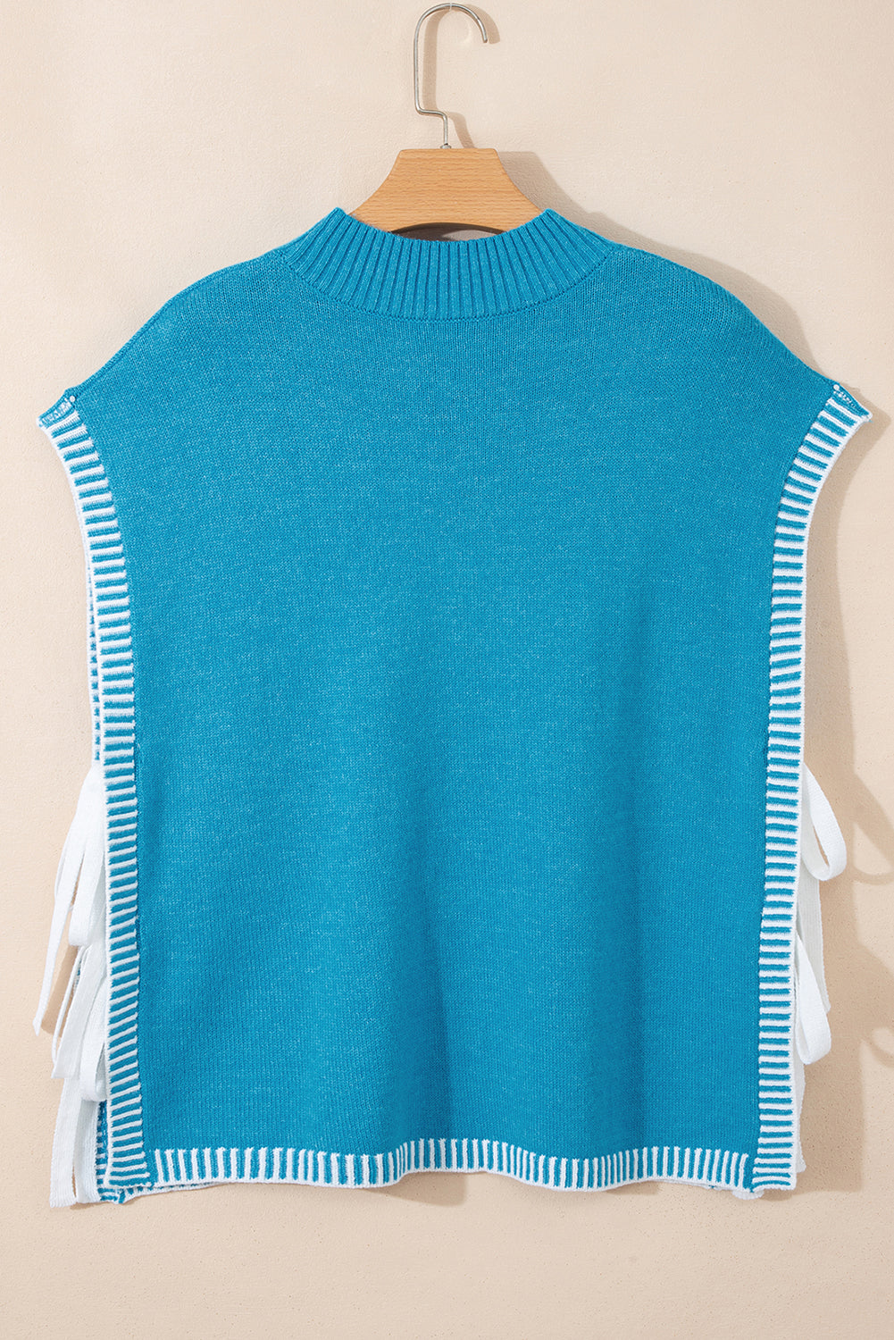 Blue Contrast Stitch Trim Knot Side Mock Neck Sweater Vest