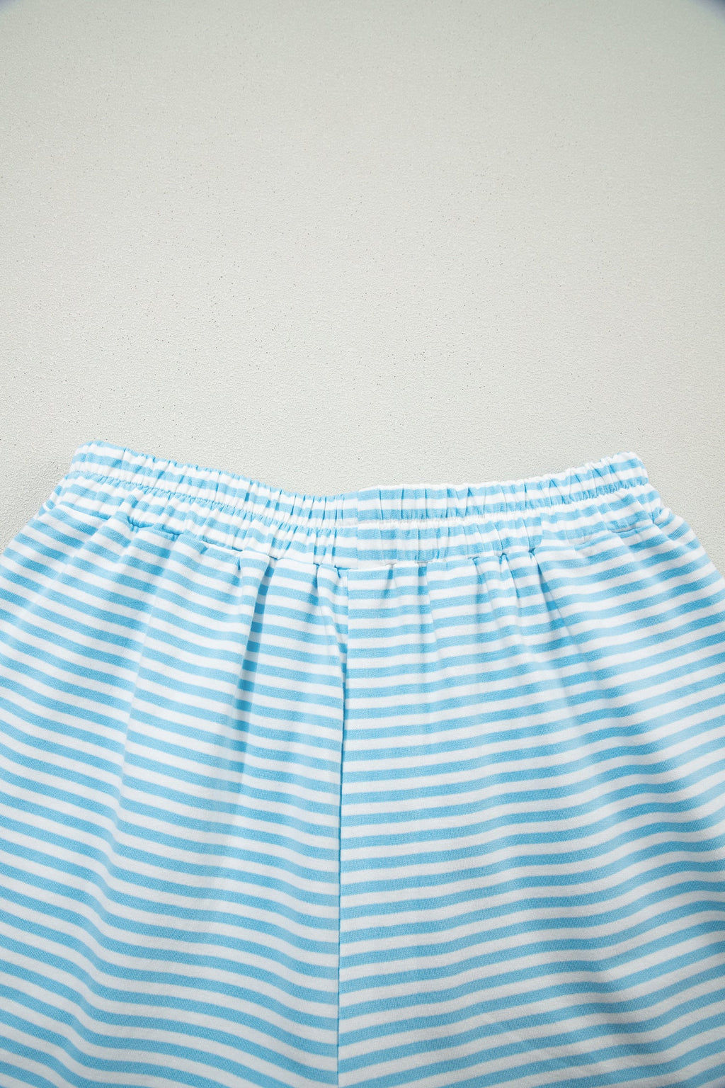 Sky Blue Stripe Oversize Mock Neck Sweatshirt and Shorts Set