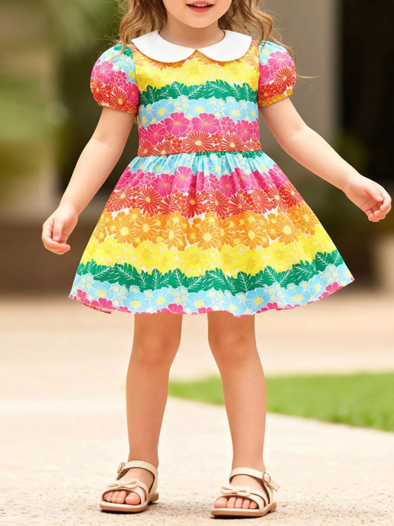Children's Rainbow Floral Print Peter Pan Collar Dress