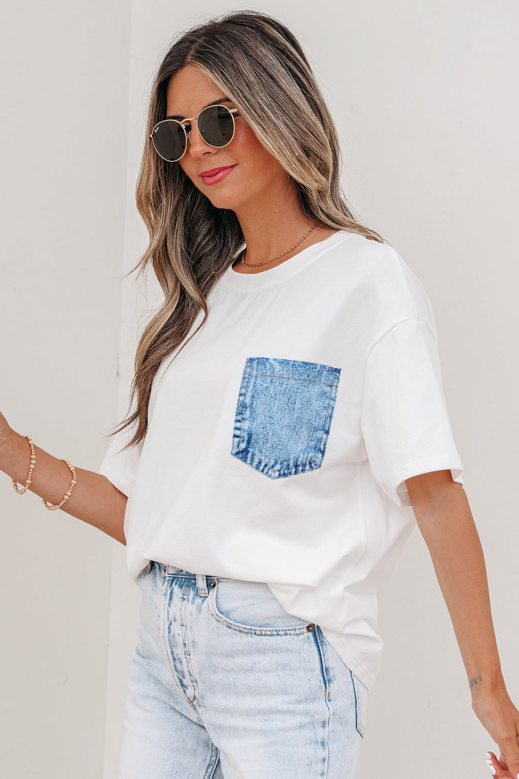 White Color Block Chest Pocket Patched Casual Short Sleeve Top