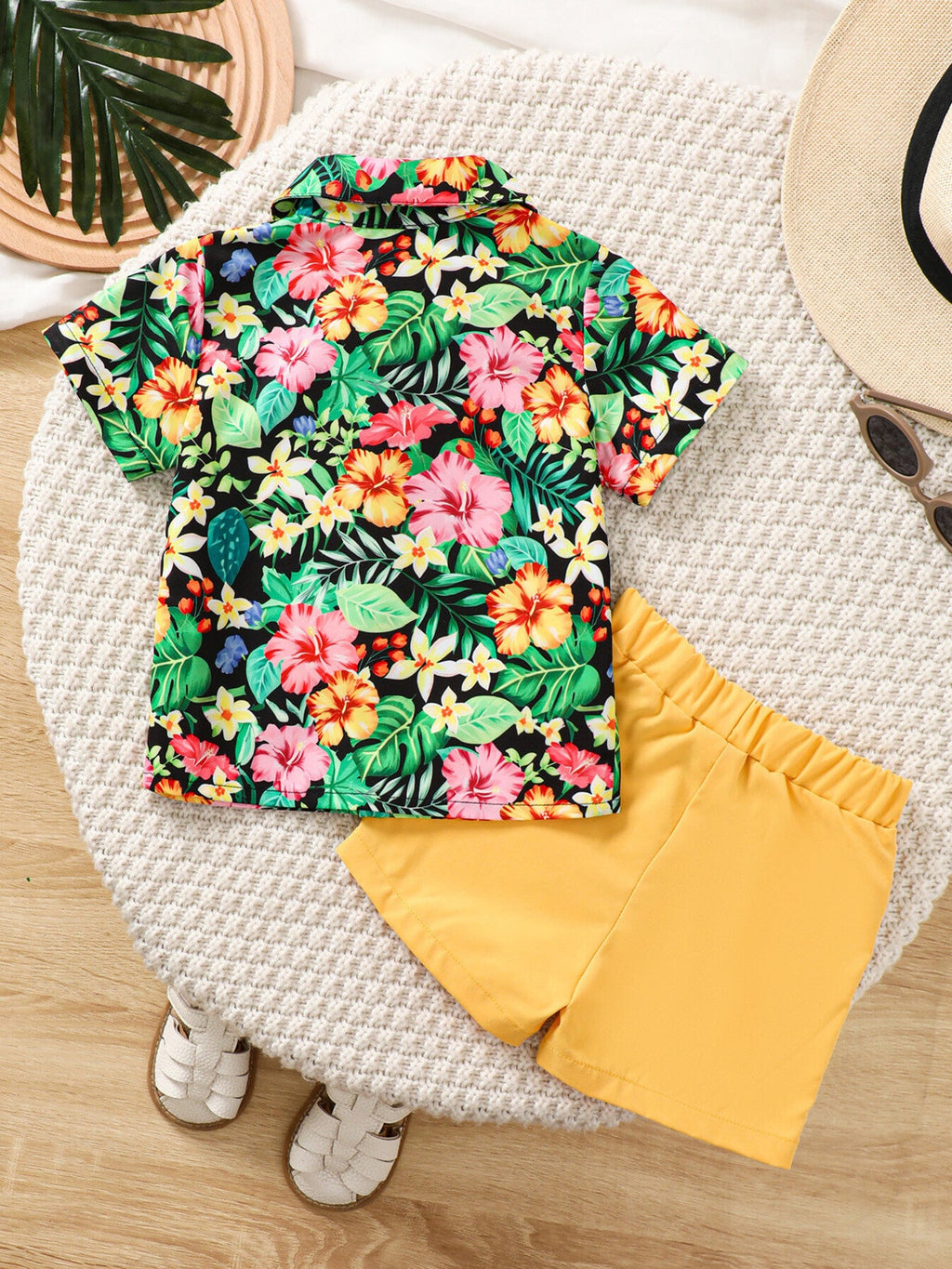 Children's Tropical Print Shirt & Solid Shorts with Bow Tie Set