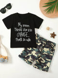 Children's Letter Graphic Tee and Camouflage Shorts Set