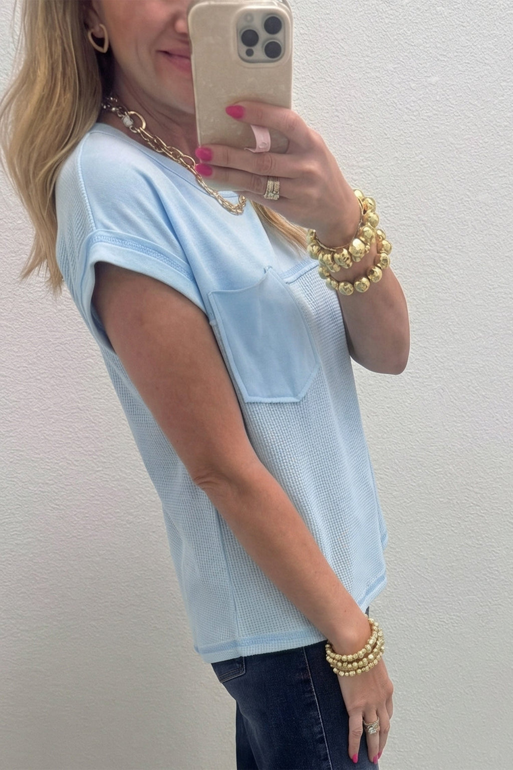 Light Blue Solid Color Raw Seam Waffled Patchwork Casual T Shirt