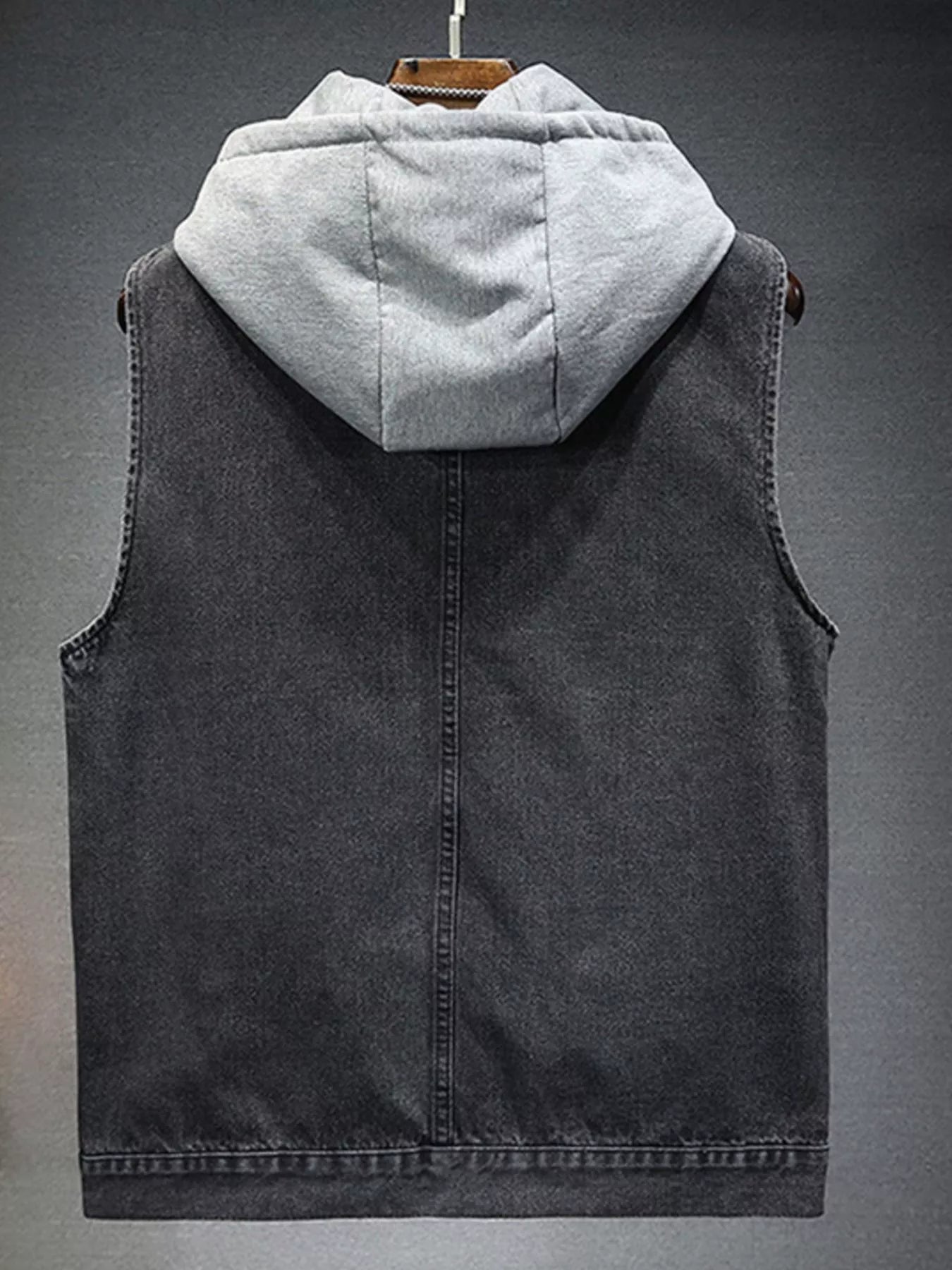 Men's Plus Size Hooded Denim Vest with Fleece Lining