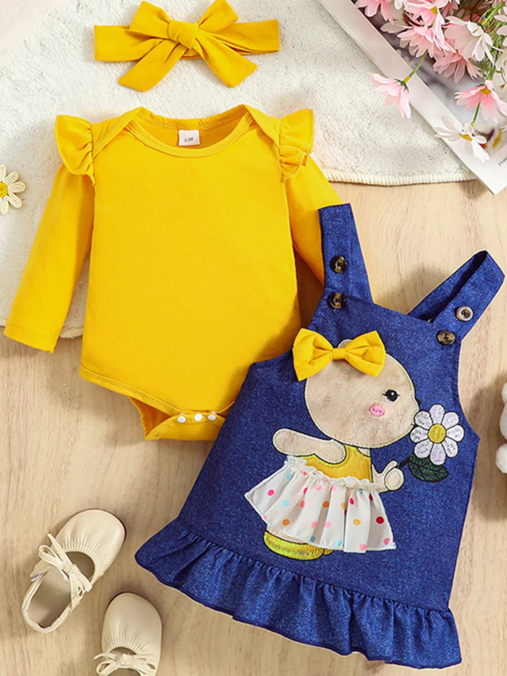 Children's Ruffled Bodysuit and Overall Dress Set with Headband